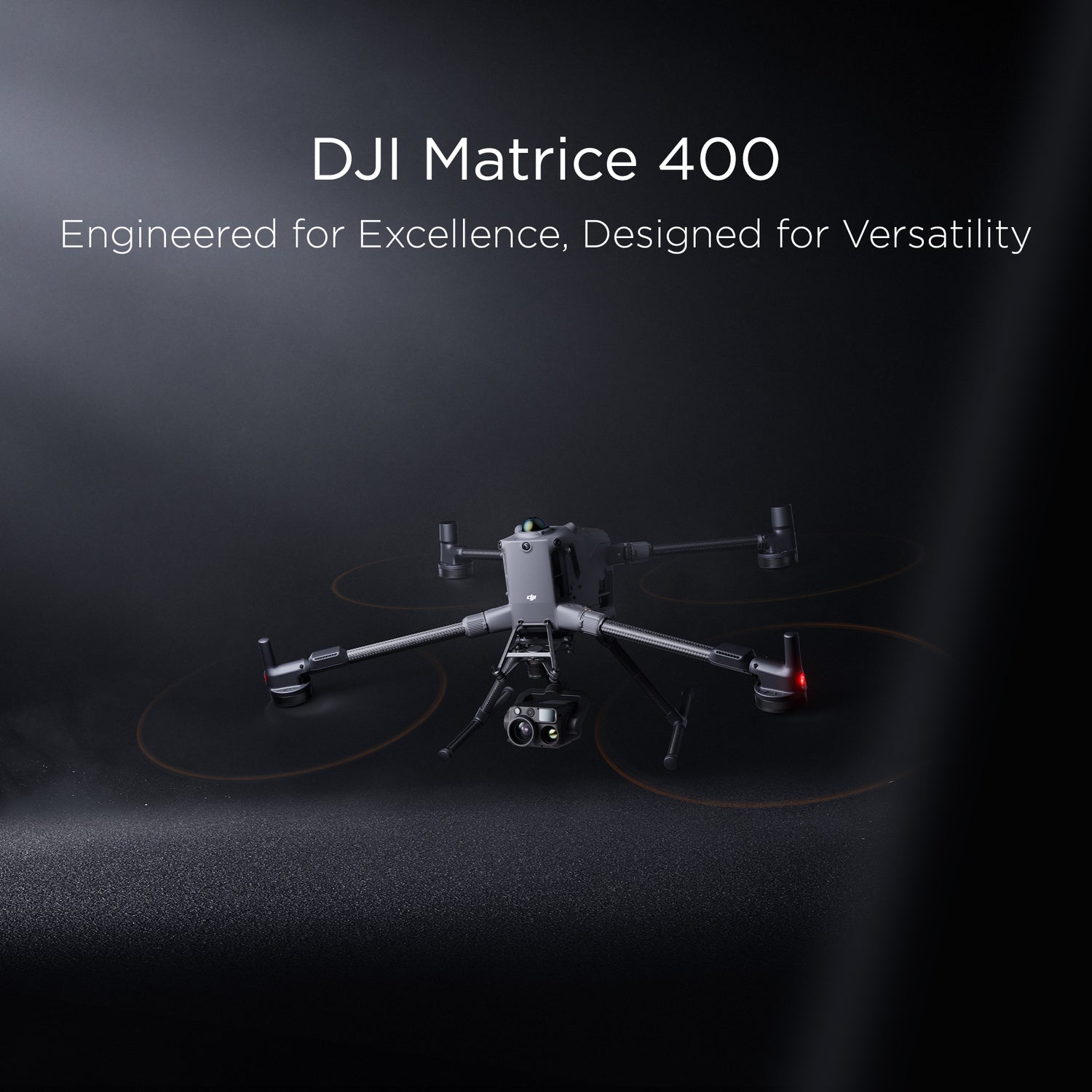 DJI Matrice 400 drone on a dark background with text highlighting features