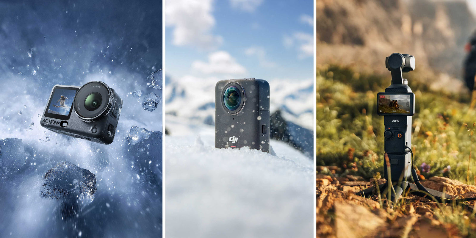 Three cameras in outdoor settings, showcasing different environments and uses. DJI Osmo Action 6, Osmo 360, and Osmo Pocket 3.