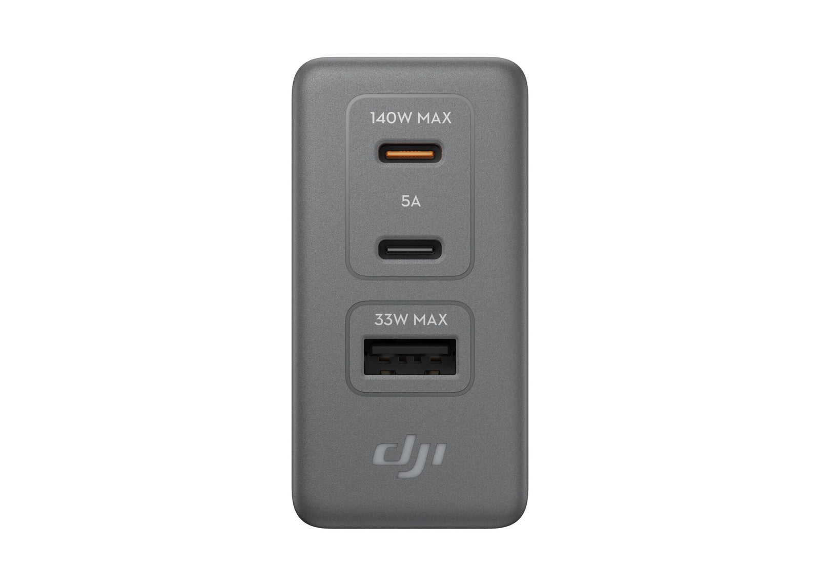 A gray dual-port USB charger with two USB-C ports, one labeled 140W MAX and 5A, and another labeled 33W MAX, featuring the DJI logo on a plain white background.