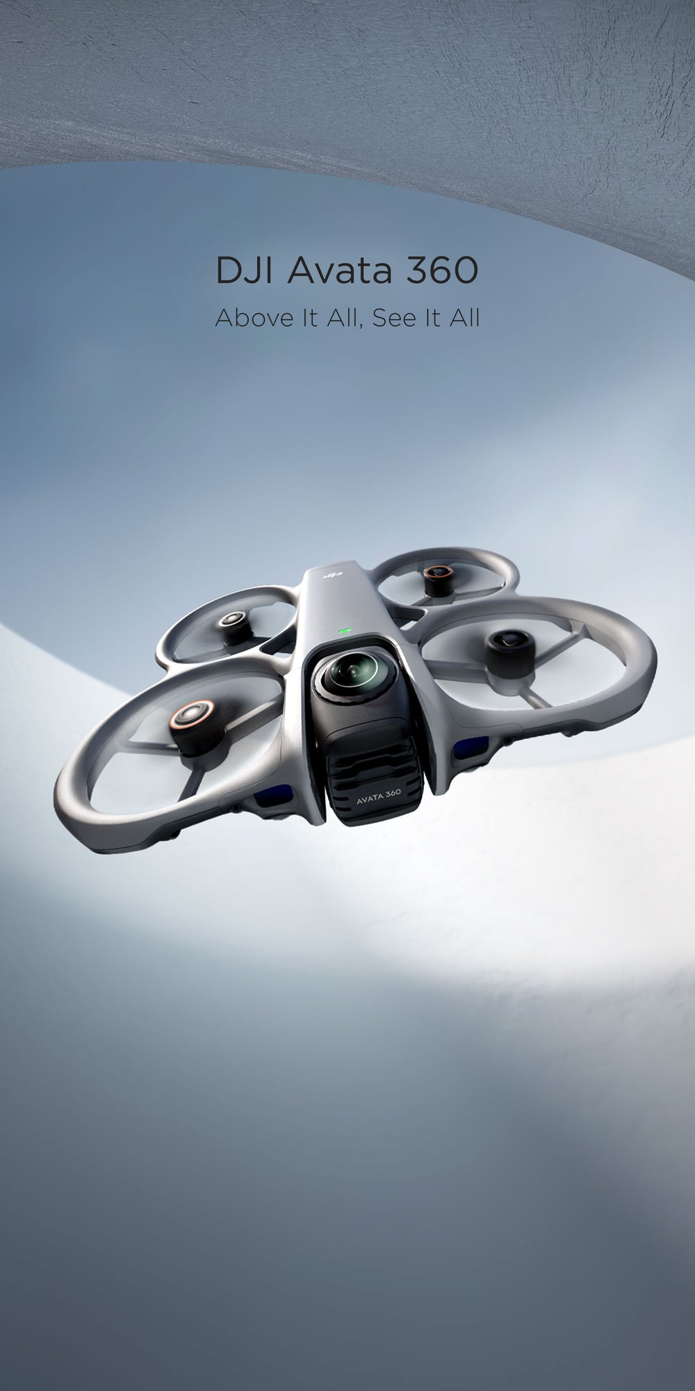 A DJI Avata 360 flies through a hole with a blue sky in the background