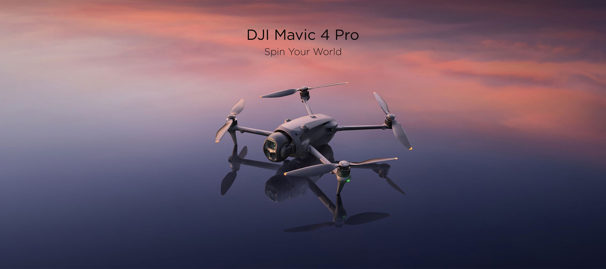 DJI Mavic 4 Pro drone flying against a colorful sky with 'DJI' branding.