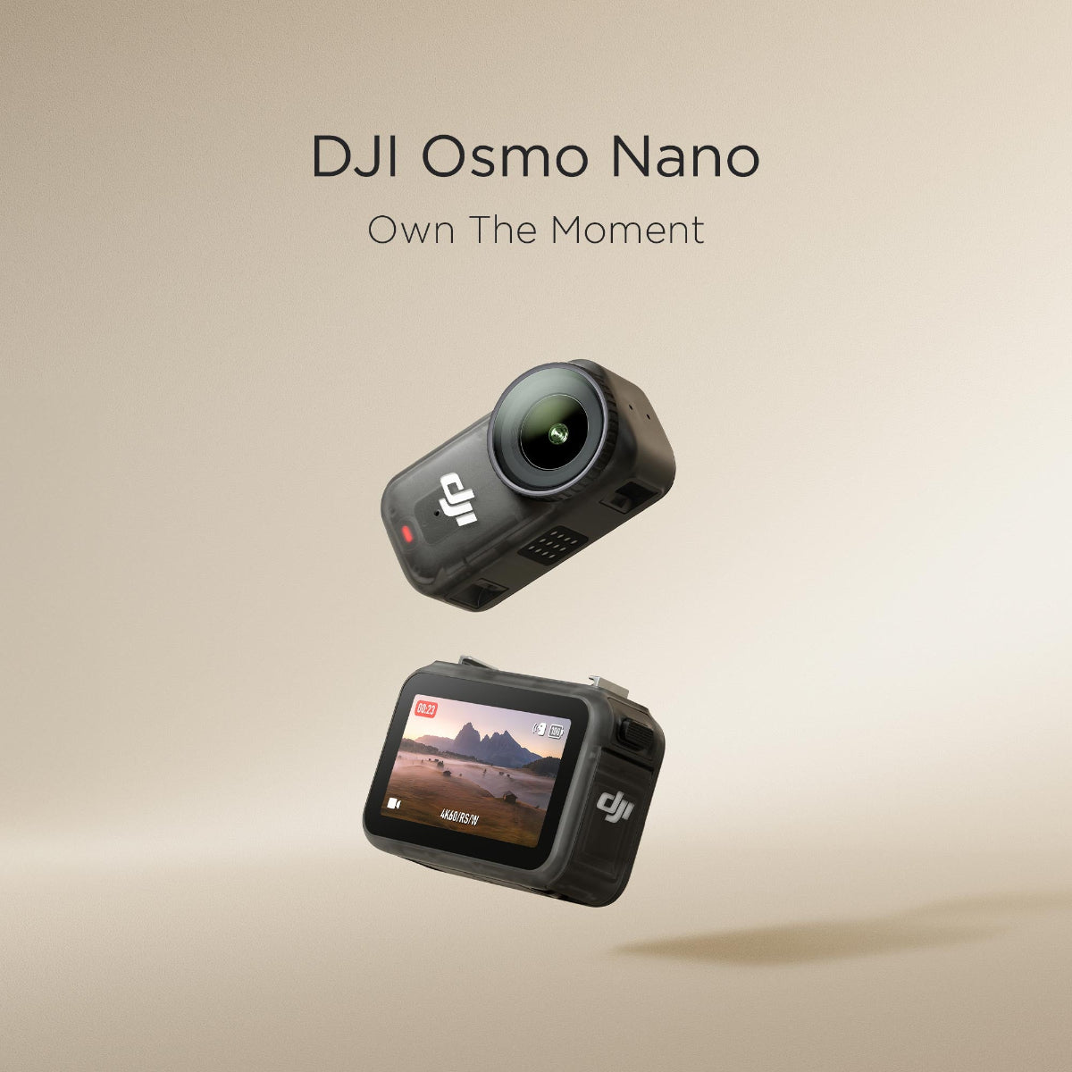 DJI Osmo Nano camera on a beige background with 'Own The Moment' text.