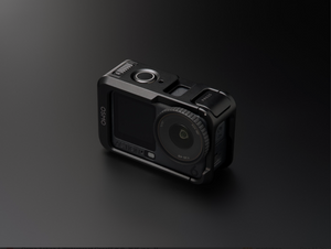 Osmo Action 6 Utility Frame installed on an Osmo Action 6 camera with a black background