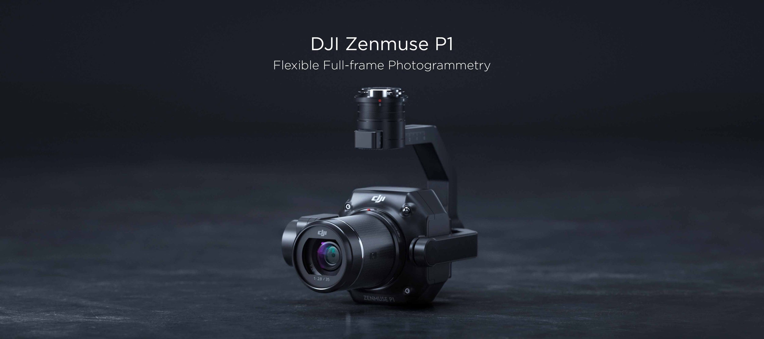 A DJI Zenmuse P1 resting on a dark concrete surface.