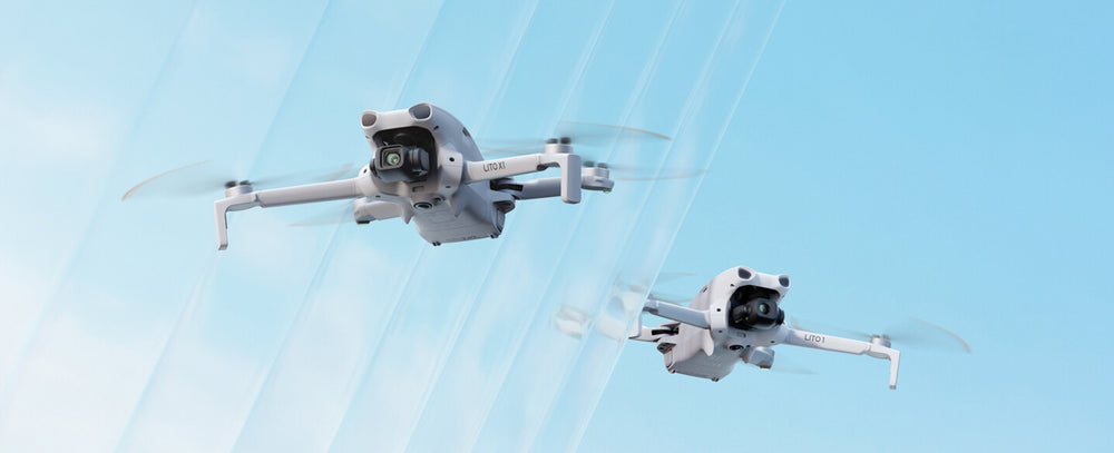 Two DJI Lito Series drones, the DJI Lito X1 and DJI Lito 1, against a blue background. The DJI Lito 1 is flying out from behind a glassy panel.