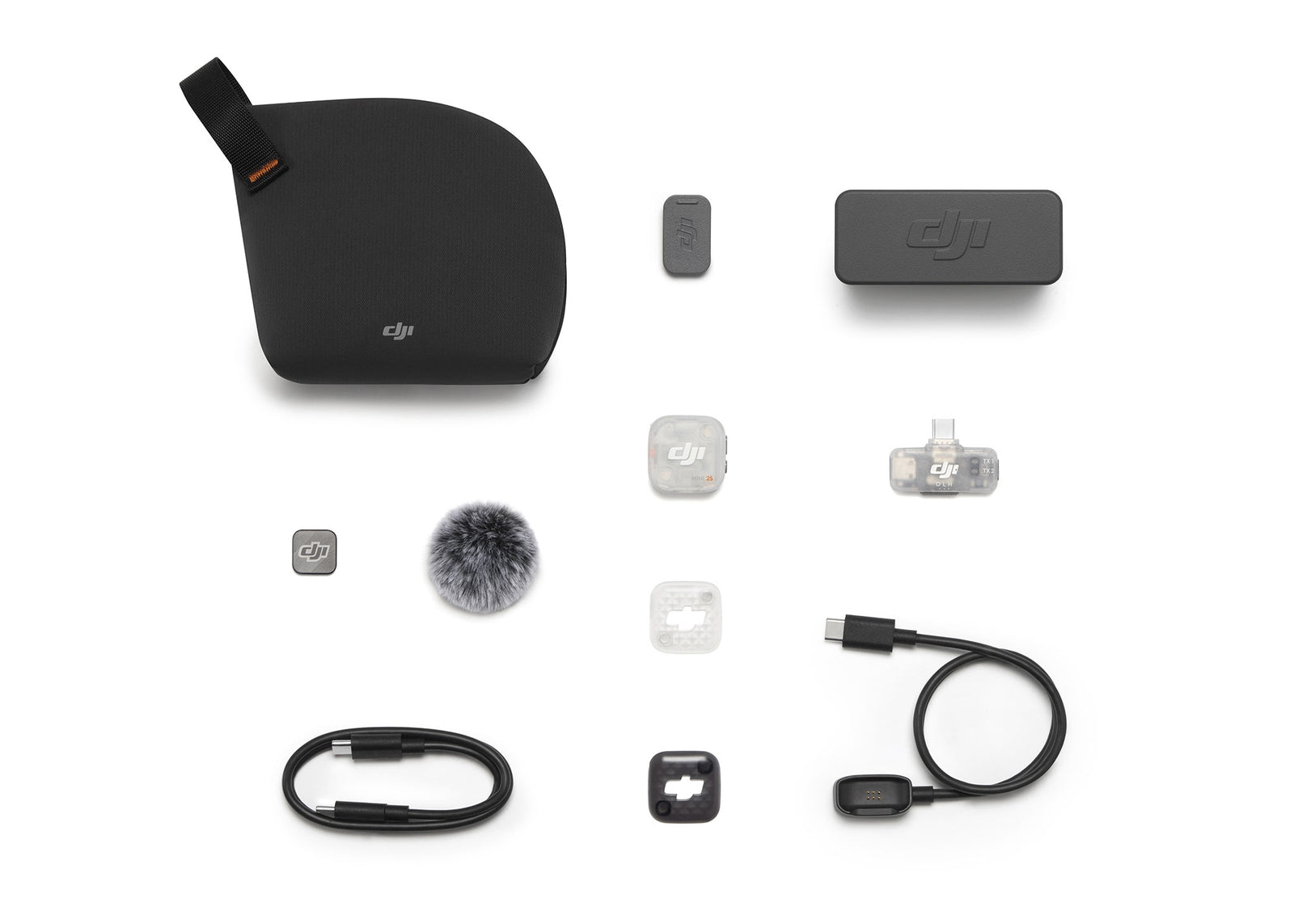 Everything included with DJI Mic Mini 2S (1 TX + 1 Mobile RX + Charging Case)