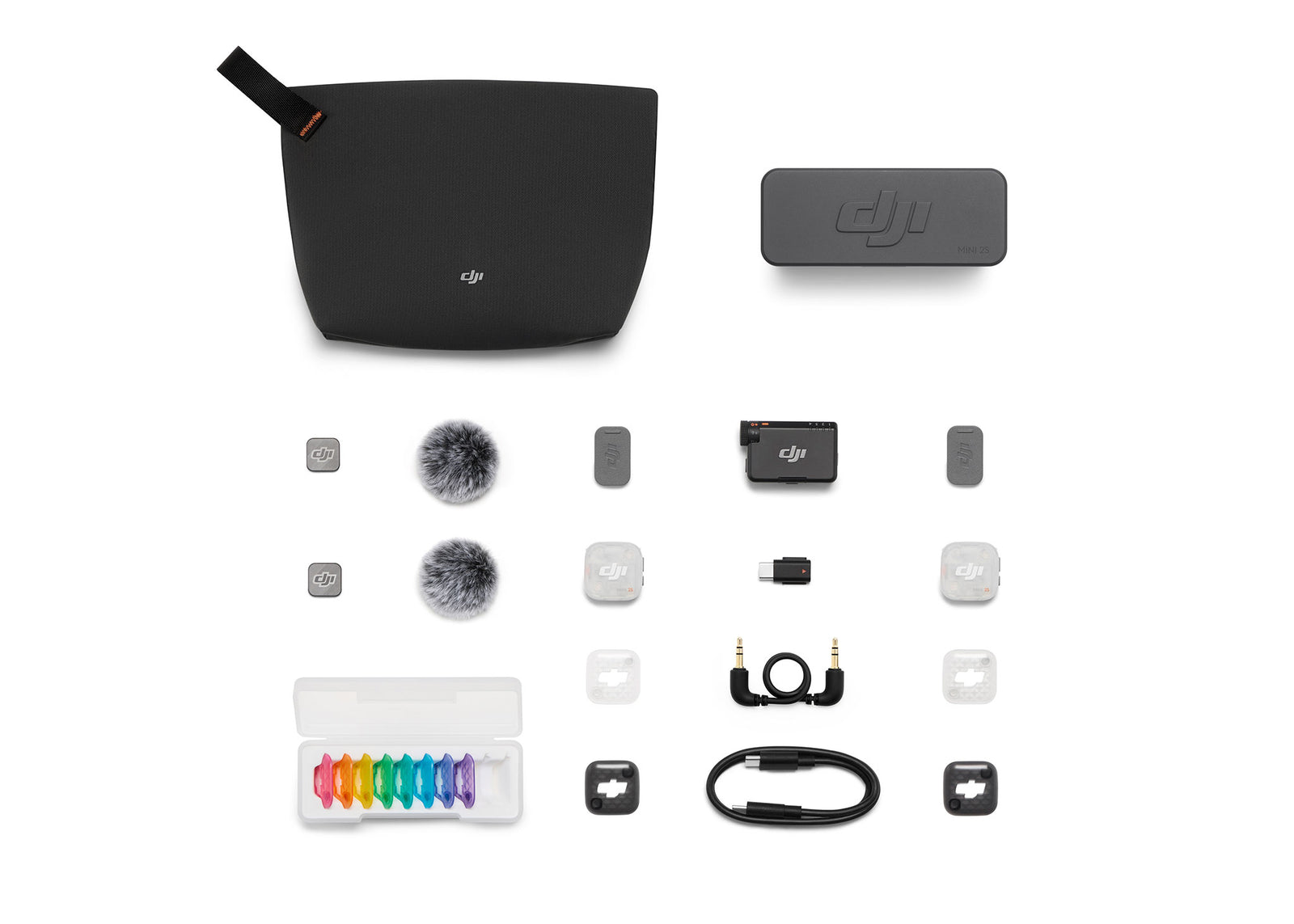 Everything included with DJI Mic Mini 2S (2 TX + 1 RX + Charging Case)
