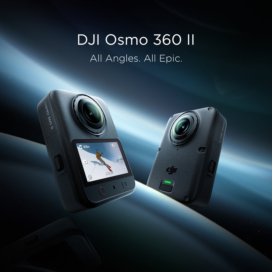 Two DJI Osmo 360 II cameras against a dark gradient background. White text reads 