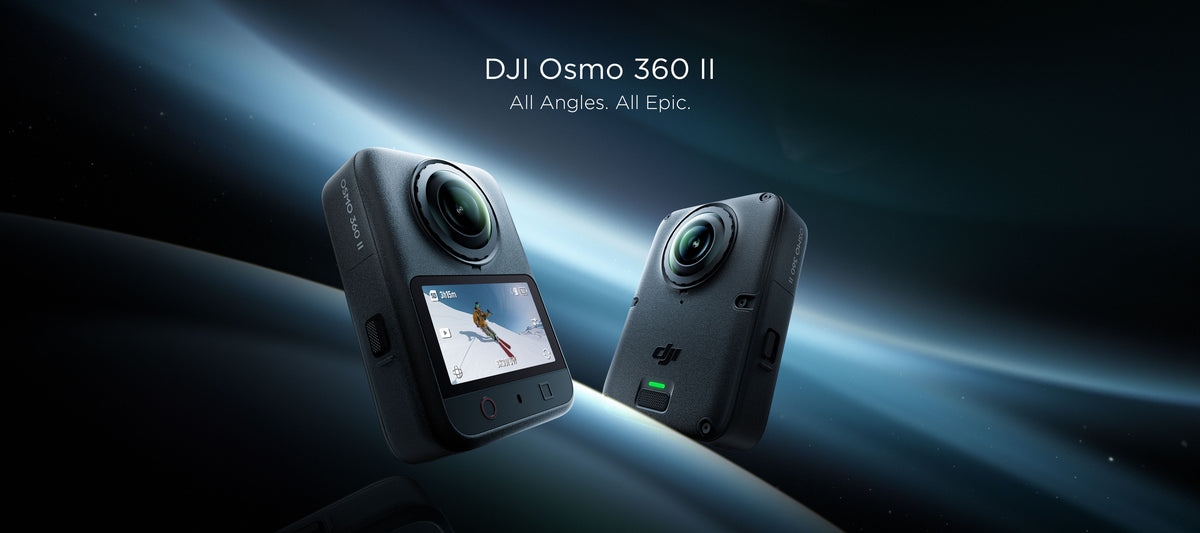 Two DJI Osmo 360 II cameras against a dark gradient background. White text reads 