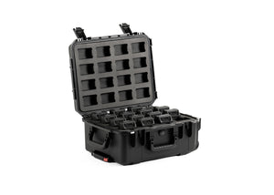 Freefly SL8 Travel Case open and loaded with batteries against a white background