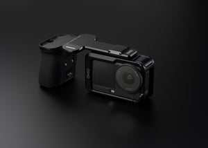 Everything included with the Osmo Action 6 Street Photography Grip Accessory Kit displayed partially installed on an Osmo Action 6 camera with a black background